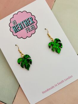 Green Glitter Monstera Leaf Resin Earrings / Crazy Plant Lady Gift / Tropical Leaf Statement Earrings, 3 of 5