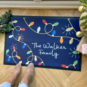 Personalised Navy Christmas Lights Family Doormat, 2 of 4