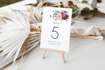Wedding Table Numbers Burgundy Red Pink Florals, 3 of 4