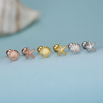 Sterling Silver Starfish And Shell 18 G Screw Back Stud Earrings, 2 of 12