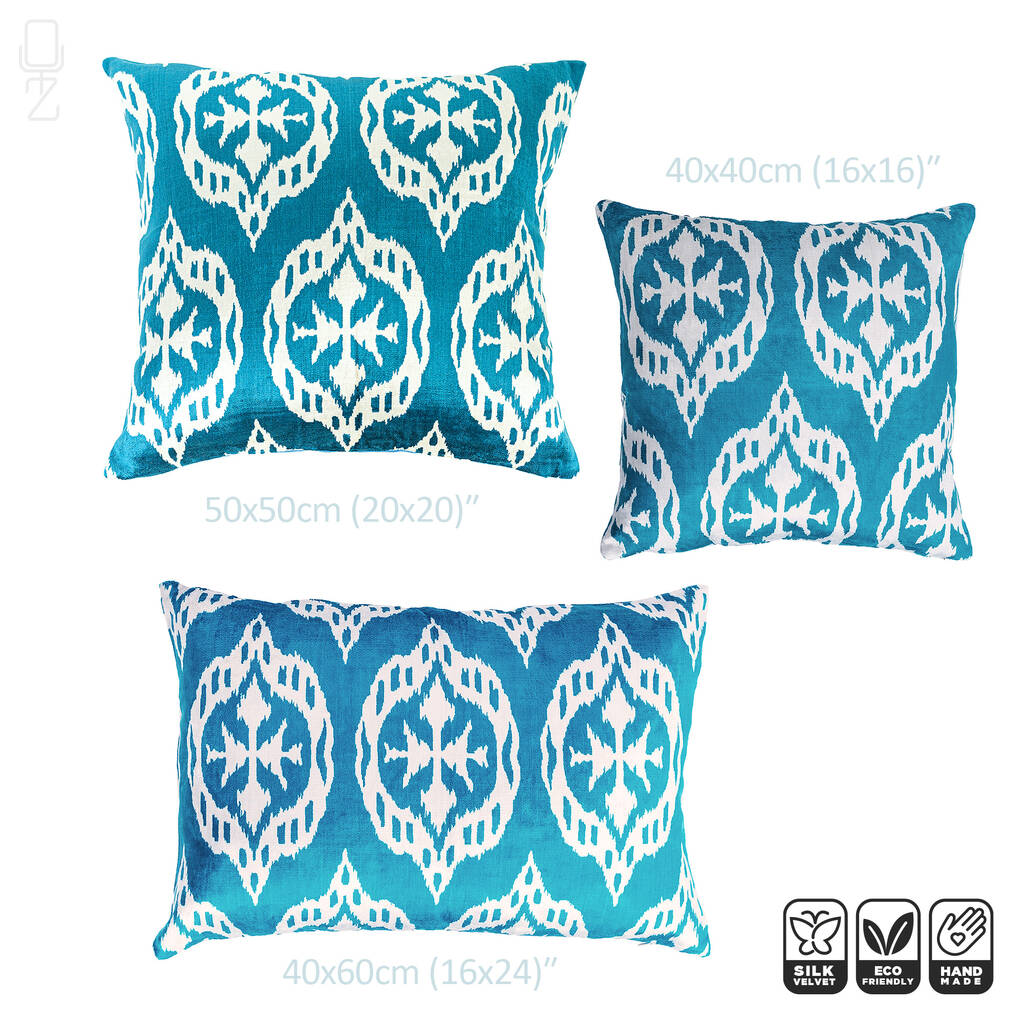 Turquoise Blue Silk outlet Velvet Decorative Cushion Cover with Traditional Pattern | Front side is 100% Silk Velvet, Back side is Soft Blue Fabric