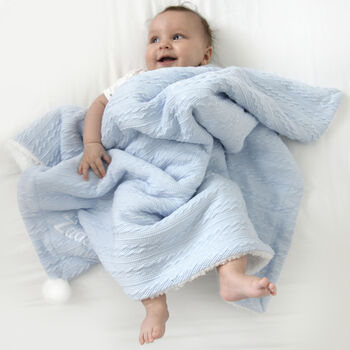 Personalised Twins Blue Cable Knit Pom Pom Blankets, 4 of 7