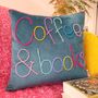 Coffee And Books Colourful Embroidered Cushion, thumbnail 1 of 4