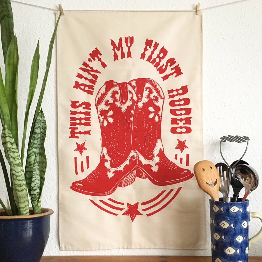 Red Cowboy Boot Rodeo Funny Tea Towel, 1 of 3