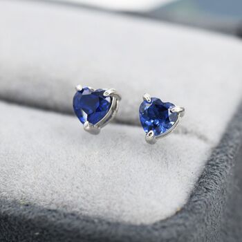 Extra Dark Sapphire Blue Corundum Heart Stud Earrings, 3 of 11