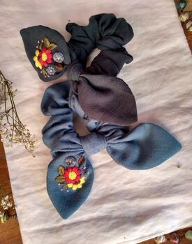 Bunny Bow Scrunchies With Embroidered Flower, 4 of 11