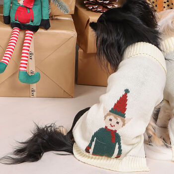 Elf And Reindeer Knitted Christmas Jumper For Dogs, 2 of 9