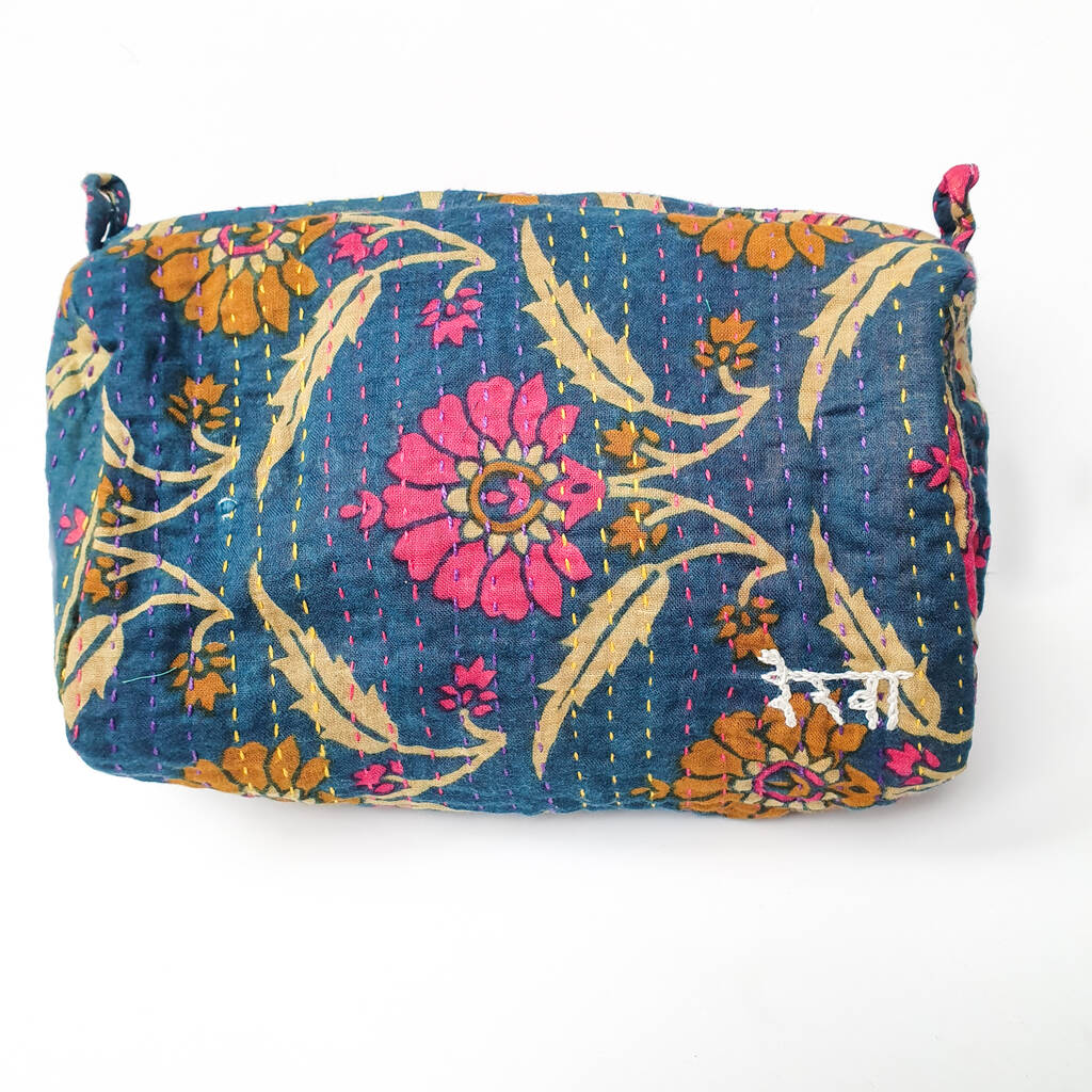 Handmade Toiletry Bag, Blue Kantha Stitch Sari Fabric, 1 of 10