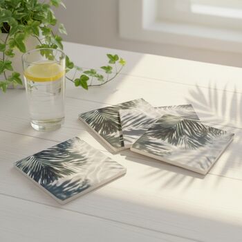 Jungle Leaf Pattern Ceramic Coaster Set Of Four, Available In Green Or Grey, 5 of 8