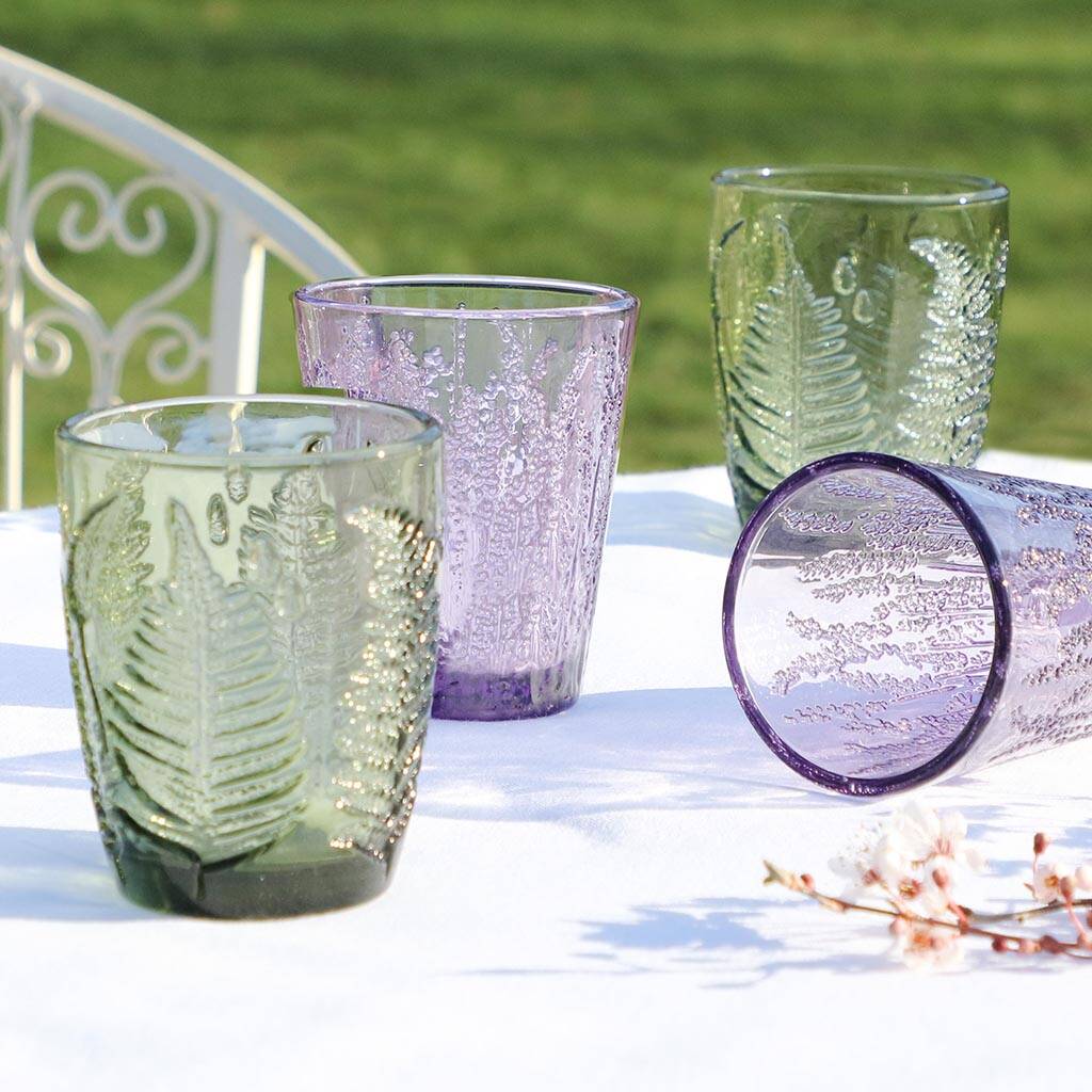 Four Botanical Embossed Coloured Glass Tumblers By Dibor