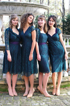 Lace Bridesmaids Dresses In Emerald And Blackcurrant, 2 of 8