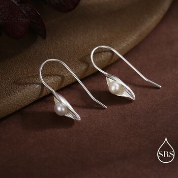 Sterling Silver Calla Lily Flower Hook Earrings With Fresh Water Pearls, 3 of 8