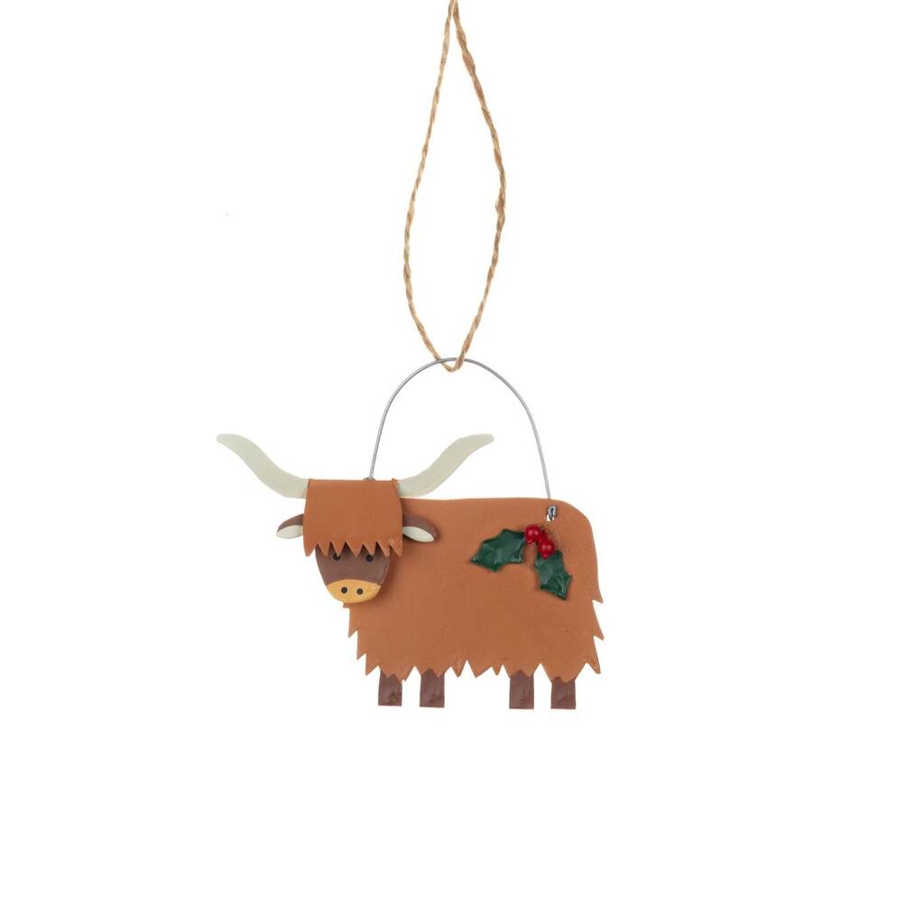 Christmas Highland Cow With Holly Hanging Decoration, 1 of 1