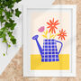 Cheerful Watering Can Floral Print Modern Botanical Art, thumbnail 1 of 4