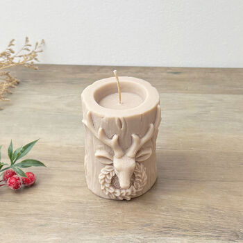 Beige Stag Christmas Pillar Candle Christmas Reindeer Decor, 7 of 10