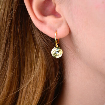 Gold Evil Eye Huggie Hoop Earrings, 2 of 6
