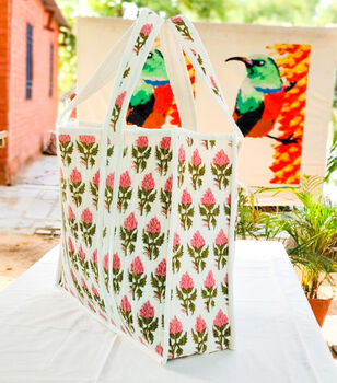 Large Quilted Market Tote Bag With Pink Floral Block Print Design, 2 of 10