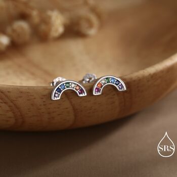 Sterling Silver Cz Crystal Rainbow Stud Earrings, 3 of 12