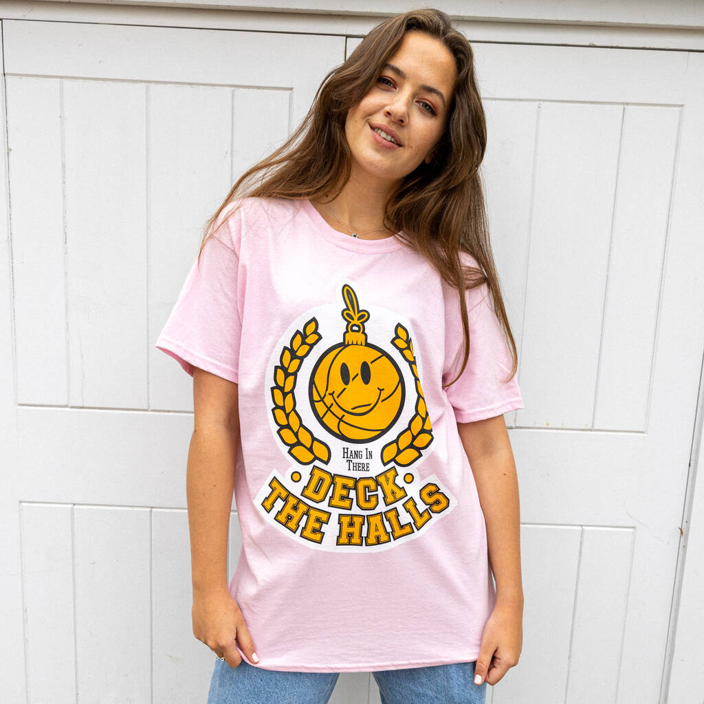 Deck The Halls Women's Christmas T Shirt In Pink, 1 of 4
