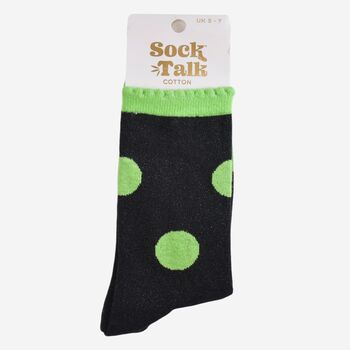 Women's Glitter Socks Black Lime Large Polka Dots, 5 of 5