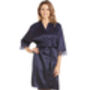 British Made Navy Short Satin Dressing Gown With Lace Detail, thumbnail 1 of 5