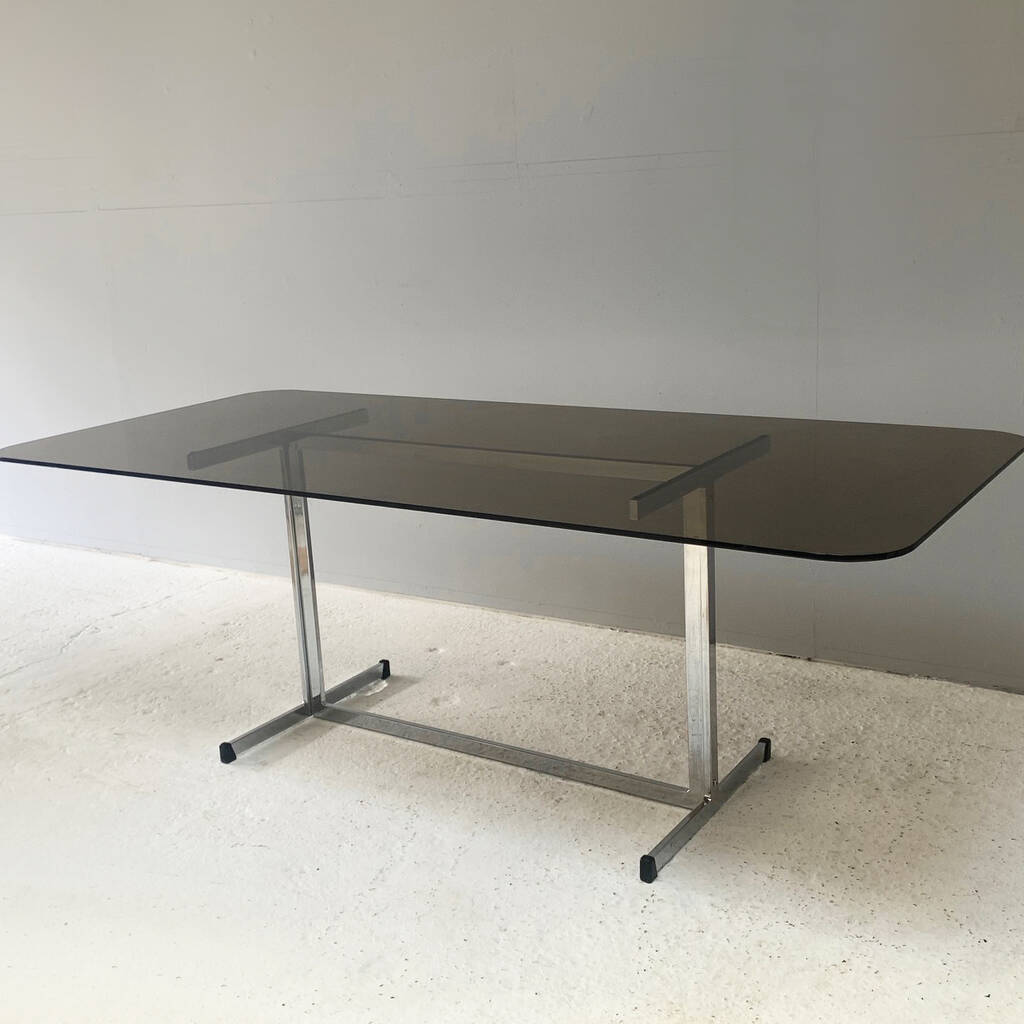 Mid Century Pieff Glass Dining Table, Large Width 198cm, 1 of 12