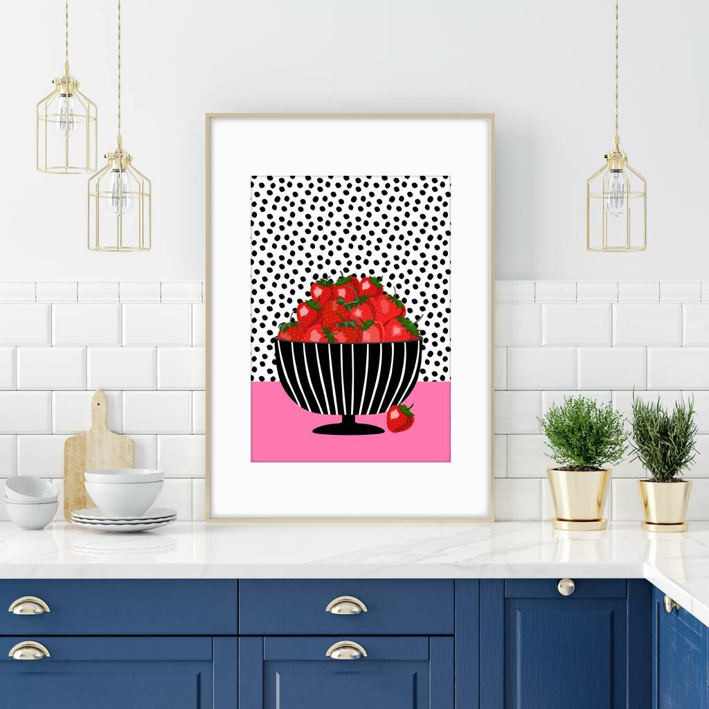 Strawberries In A Striped Bowl Print, 1 of 7