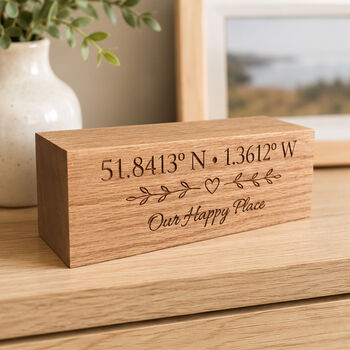 Personalised Coordinates Oak Block | Custom Latitude Longitude Gift, Couple, 7 of 8