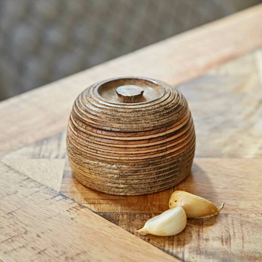Small Carved Mango Wood Bowl With Lid, 1 of 7