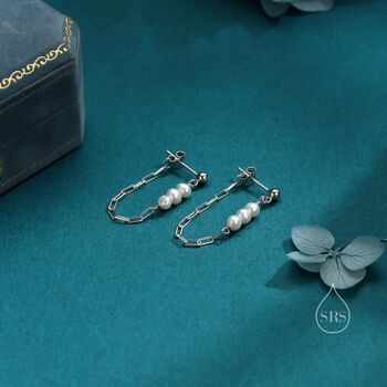 Sterling Silver Genuine Irregular Shape Pearl And Chain Earrings, 3 of 12
