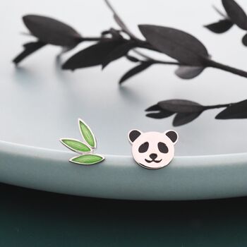 Mismatched Bamboo And Panda Leaf Stud Earrings In Sterling Silver, 5 of 11