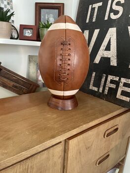 Leather American Football With Stripes And Wooden Stand, 2 of 4