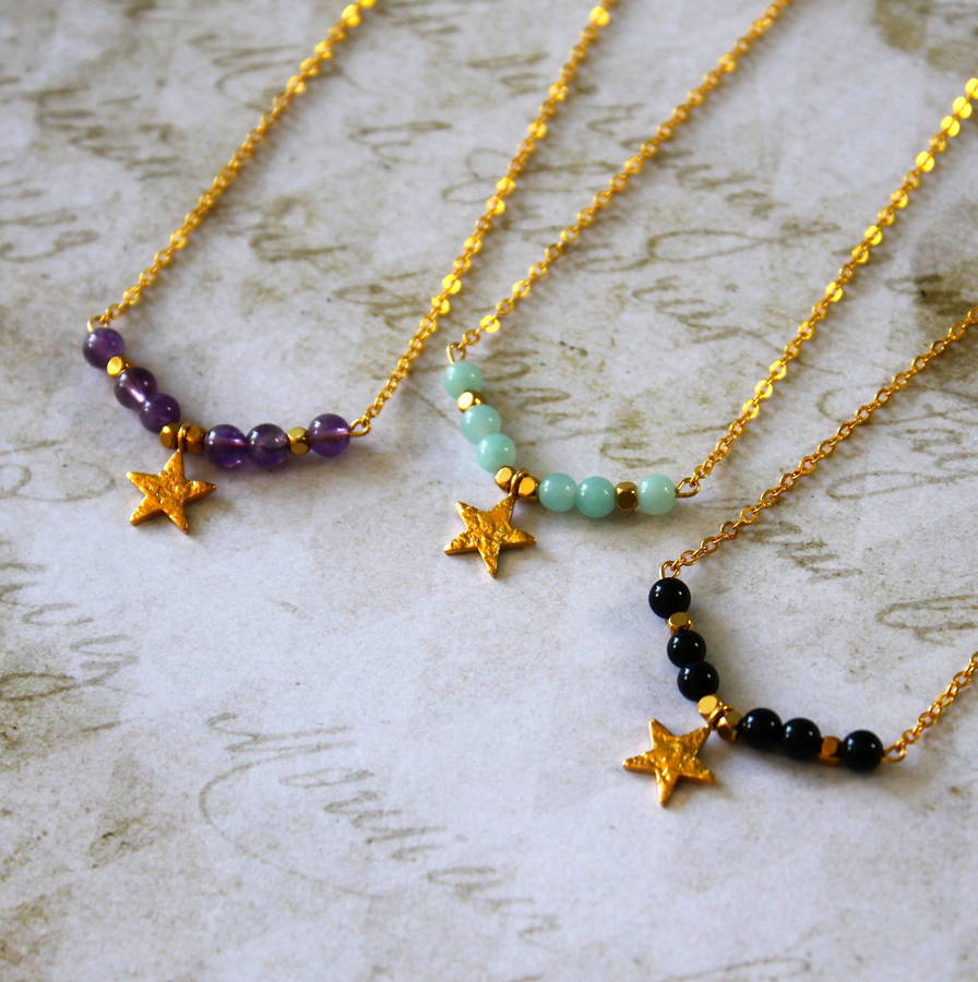 Semi Precious Stone Bar Necklace With Vermeil Gold Star