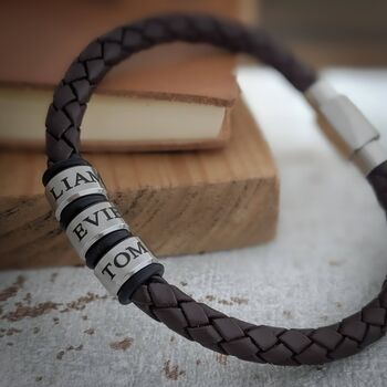 Mens Leather Bracelet With Stainless Steel Name Beads, 2 of 7