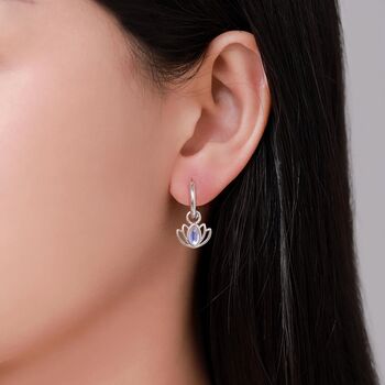 Lotus Flower Huggie Hoop Earrings With Lab Moonstone In Sterling Silver, 2 of 11