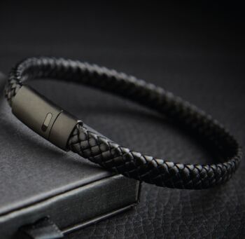 Men's Personalised Engraved Black Braided Leather Bracelet, 2 of 8