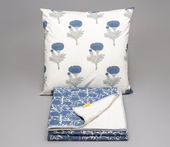 Amritsar Floral Pattern Hand Quilted Blue Cotton Throw, 8 of 9
