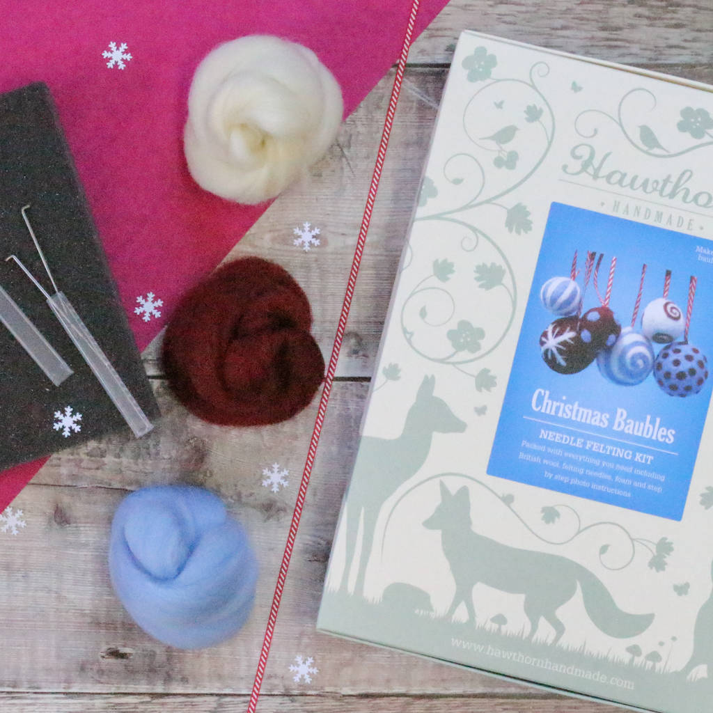 Christmas Baubles Needle Felting Kit Berry And Blue By Hawthorn