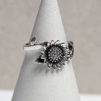 Sterling Silver Adjustable Oxidised Sunflower Ring, 4 of 11