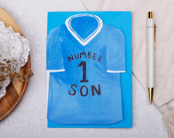 Football Number One Son Birthday Card With Blue Or Red T Shirt Design, 5 of 8