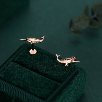 Tiny Narwhal Unicorn Whale 16 G Internally Threaded Flat Back Earrings In Sterling Silver, 5 of 11