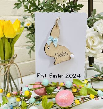 Personalised First Easter Card Wooden Bunny Keepsake, 2 of 3