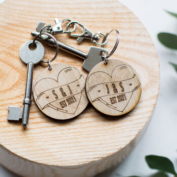 Personalised Love Heart Wooden Oak Token Keyring Set, 5 of 5
