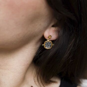 Gold Plated Sterling Silver Hieroglyphics Square Earrings, 5 of 12