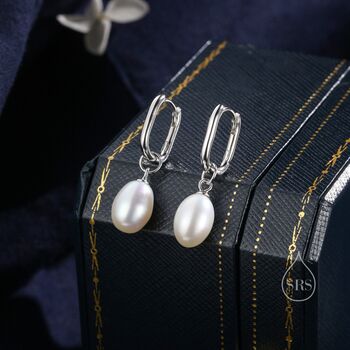 Sterling Silver Oval Pearl Oval Hoop Earrings, 3 of 10