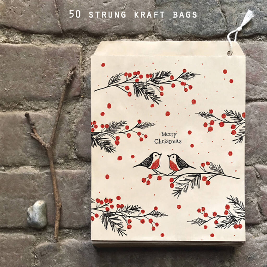 Christmas Paper Bags 50 Strung Festive Robin Gift Bags, 1 of 4