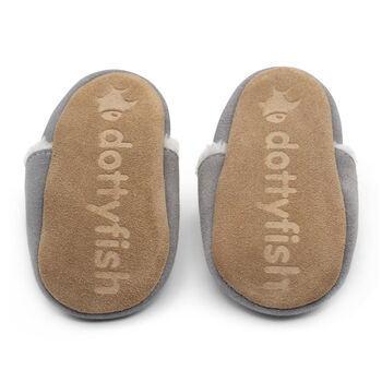 Dotty Fish Pale Grey Soft Suede Baby And Toddler Slippers, 3 of 8