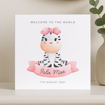 Personalised Cute Zebra New Baby Girl Card, 7 of 8