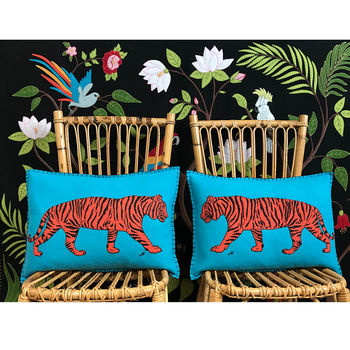 Bright Blue Embroidered Wool Tiger Cushion, 2 of 3