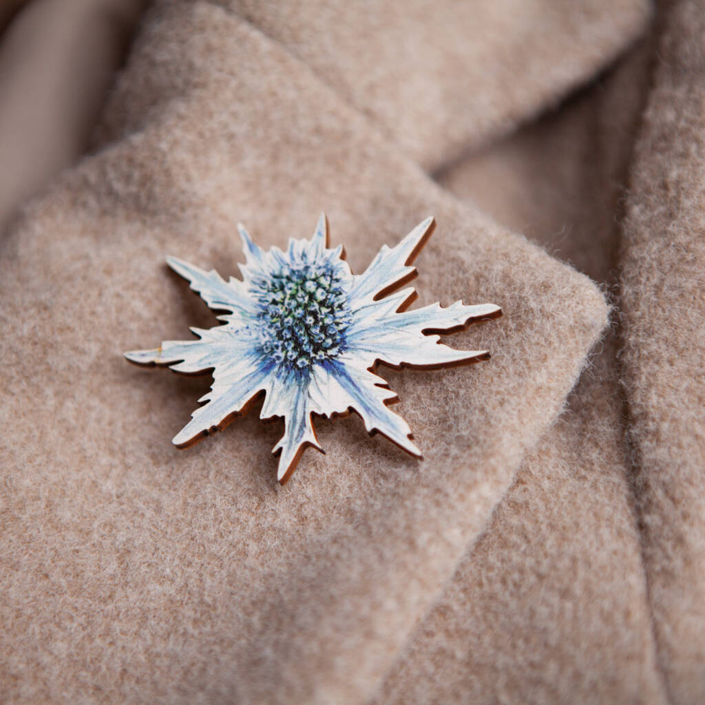 Wildflower Sea Holly Eco Wooden Pin Brooch, 1 of 9